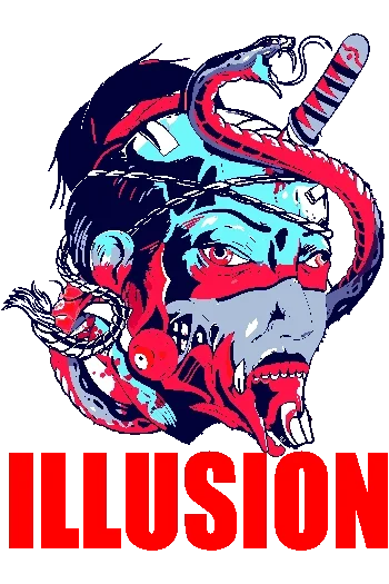 Vector de rostro con serpiente y cuernos, texto 'ILLUSION' en rojo intenso, estilo horror y urbano