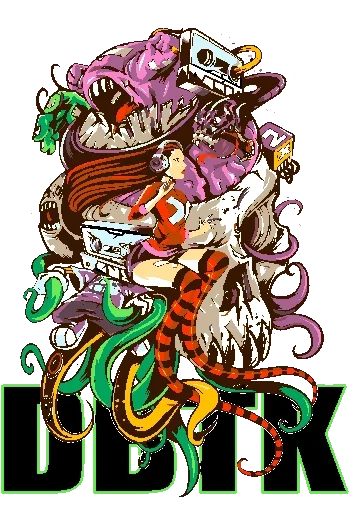Vector explosivo de mujer con cabello rojo, criaturas y texto 'DBTK' en verde neón, estilo urbano y caótico