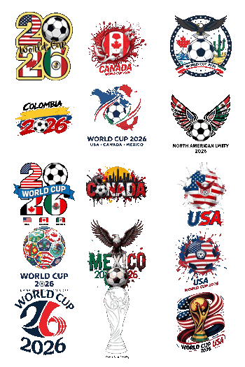 Pack de 15 emblemas con el trofeo del mundial, banderas de USA, México y Canadá con efectos de pintura y águilas.