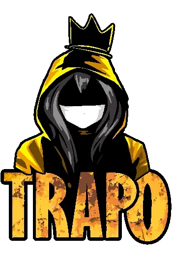 Diseño vectorial de personaje con capucha amarilla, corona y máscara, texto 'TRAPO' en dorado desgastado