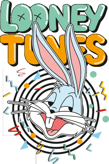 Lobo Rainbow Ilustración vectorial retro de Bugs Bunny de los Looney Tunes con fondo geométrico de los años 90.