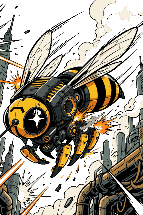 Vectores Angry Bulldog, King Gorila Graffiti Ilustración vectorial de abeja robótica cibernética disparando en ciudad futurista.