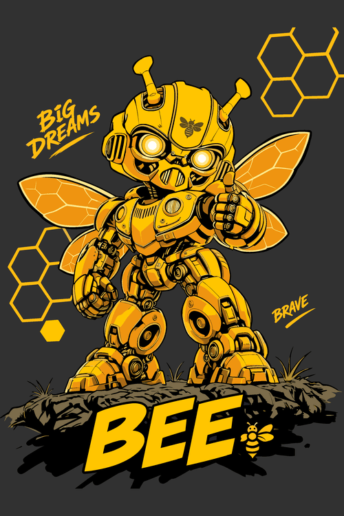 Ilustración vectorial de abeja robot estilo mecha cibernético amarillo con alas y texto BEE Big Dreams