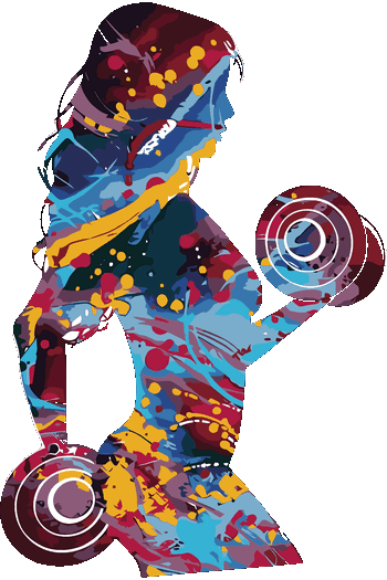Vector abstracto de silueta de mujer fitness con mancuernas en colores vivos para ropa deportiva.