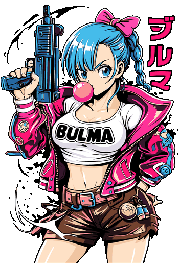 Anime Girls Collection Gráfico vectorial de personaje Bulma anime con cabello azul, chamarra rosa y arma para DTF.