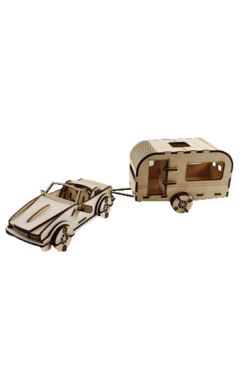 Classic & Pop Automotive Rompecabezas 3D de madera de un carro convertible con casa rodante hecho en corte láser.