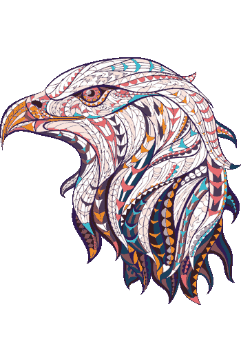 Ilustración vectorial de cabeza de águila con patrones tribales y ojos dorados, fondo negro