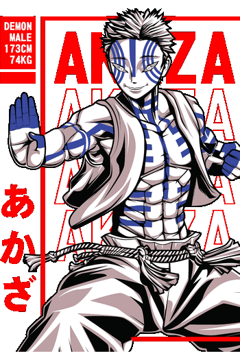 Ilustración vectorial estilo streetwear de Akaza de Demon Slayer con líneas azules, fondo rojo y letras japonesas.