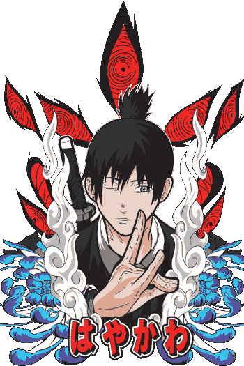 Vector Aki Hayakawa Chainsaw Man katana llamas espirituales azules pétalos rojos espiral olas decorativas japonesas