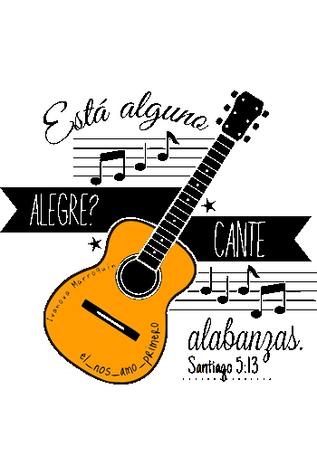 Ilustración vectorial de una guitarra acústica con notas musicales y la cita bíblica Santiago 5:13.