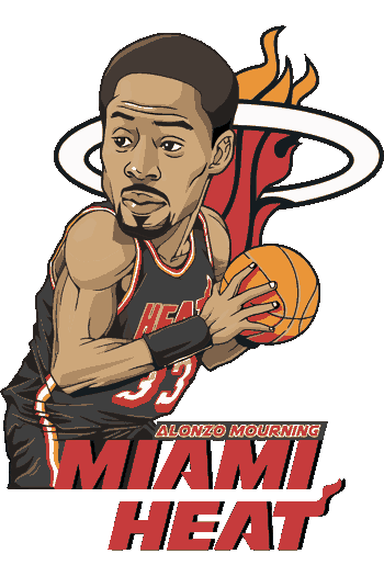Basketball Nba Caricatura de Alonzo Mourning con el uniforme de los Miami Heat sosteniendo un balón