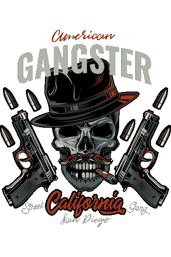 Calavera mafiosa con fedora, puro, pistolas y balas