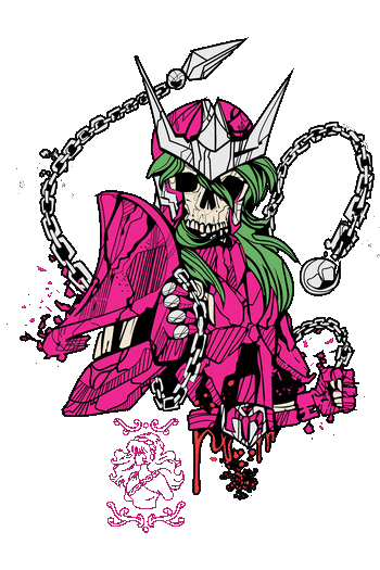 BANG! BANG! Gráfico vectorial conceptual de la armadura calavérica de Andrómeda rota en tonos rosa y verde con cadenas.