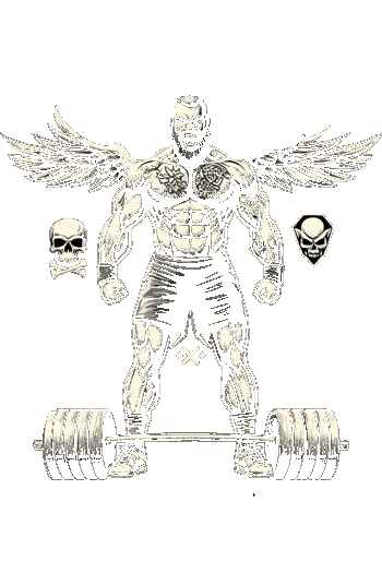 Vector atleta musculoso tatuado con alas gritando frente a barra pesas calaveras decorativas