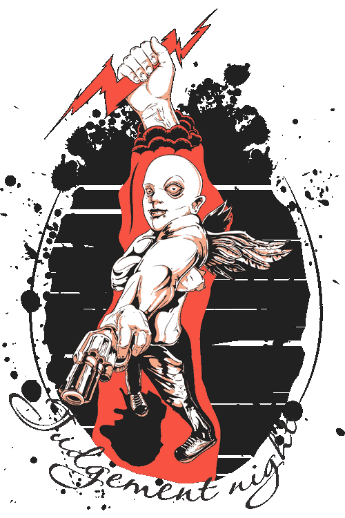Diseño vectorial de ángel caído oscuro con revólver y rayo en estilo grunge Judgement Night.