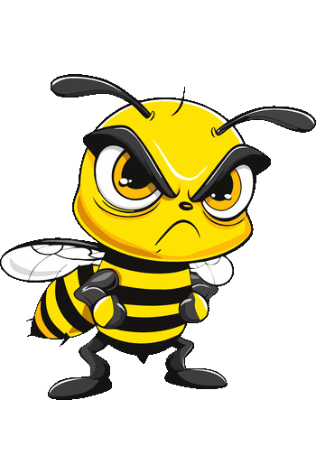 Diseño gráfico vectorial de una abeja cartoon enojada con brazos cruzados y cejas gruesas negras.