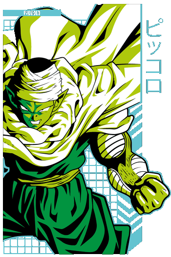 Piccolo, Pac-Man Boxer, Blastoise Épico1 Gráfico vectorial estilizado del personaje Piccolo de Dragon Ball en tonos verdes y turquesas con letras en japonés estilo póster urbano.