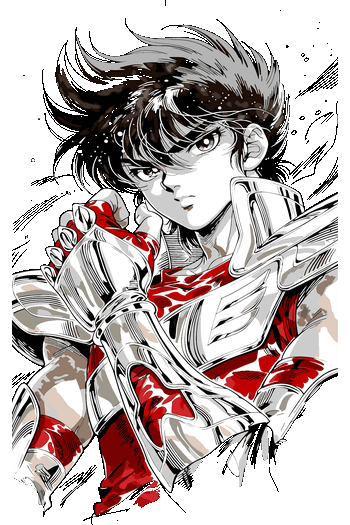 Ilustración vectorial detallada de Seiya de Pegaso de Los Caballeros del Zodiaco en pose de combate con armadura.