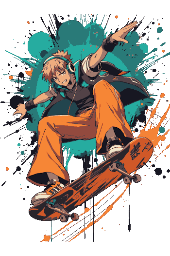 Vector de joven skater joven saltando con su tabla sobre un fondo de salpicaduras de pintura turquesa y naranja