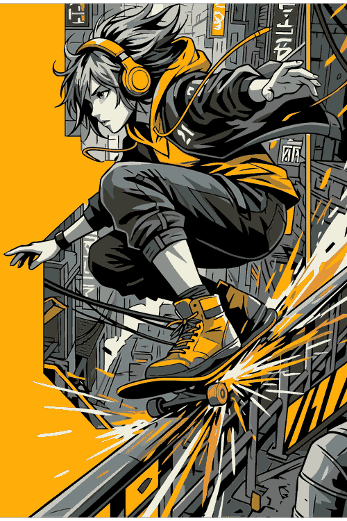 Diseño vectorial de personaje anime haciendo acrobacias en patineta con sudadera y audífonos.