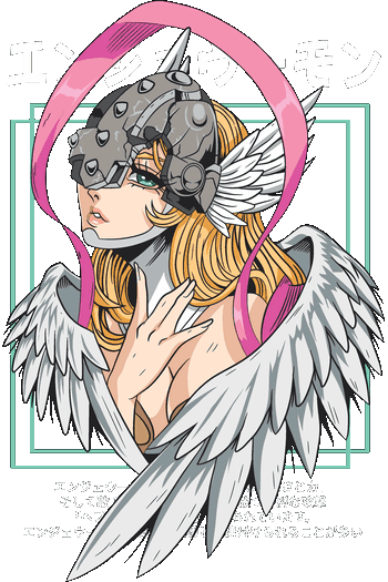 Ilustración vectorial aesthetic de ángel femenino de anime con alas y casco de metal en tonos pastel y letras japonesas.