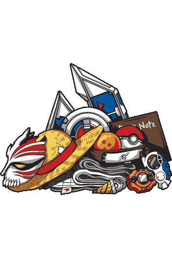 ector collage objetos anime icónicos sombrero paja Luffy esferas dragón Poké Ball banda Konoha Death Note Fairy Tail Digivice