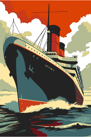 Nautical Voyages & Legends Ilustración vintage de transatlántico náutico estilo póster art déco para impresión textil.