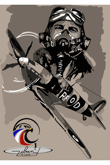 Ilustración vintage de piloto de la Segunda Guerra Mundial y avión de hélice en tonos grises para posters.