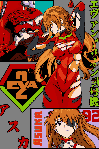  Asuka en plugsuit rojo icónico, pose dinámica con mech EVA-02 de fondo