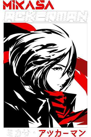 Attack on Titan Shingeki no Kyojin Diseño vectorial estilo manga en blanco, negro y rojo de Mikasa Ackerman con bufanda roja.