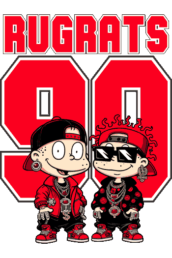 Diseño vectorial de Tommy y Chuckie con estilo urbano, gorras y gafas de sol, fondo con número '90'