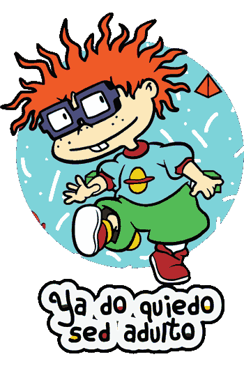 Vector circular de Chuckie corriendo con gafas, texto 'Ya no quiero ser adulto' en la parte inferior