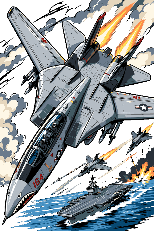 Monster Truck Beast, Vintage Pirate Ilustración vectorial de avión de caza militar F-14 despegando sobre portaaviones en altamar