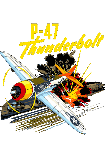 Ilustración vectorial de un avión de combate P-47 Thunderbolt atacando con explosiones y texto retro.
