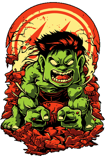 Ilustración estilo cómic de monstruo verde enojado rompiendo el piso para estampado.