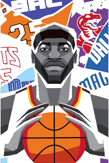 Michael Jordan "Three-Peat", Isaiah Stewart Retro Pop Art Ilustración vectorial geométrica de jugador de baloncesto con collage de logos de equipos NBA.