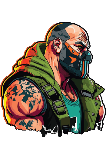 Vector de mercenario musculoso con máscara táctica y chaleco militar verde para estampado urbano.