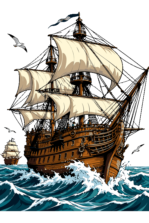 Monster Truck Beast, Vintage Pirate Diseño vectorial de barco galión pirata de madera navegando sobre olas en altamar.