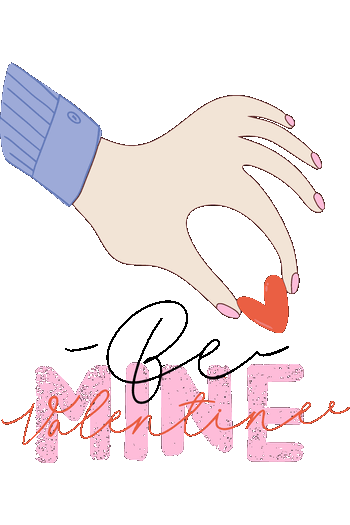 Ilustración de mano sosteniendo corazón con texto Be Mine para sudaderas de San Valentín.