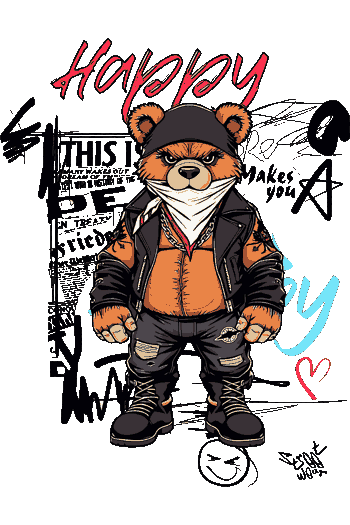 Diseño gráfico de un oso rebelde con chaqueta de cuero negra y bandana blanca