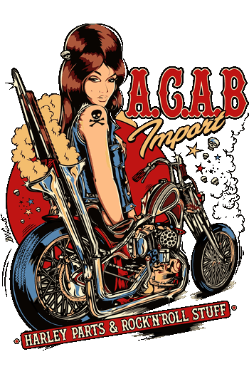 Ilustración vectorial de una mujer pin-up sobre una motocicleta chopper con tipografía de rock and roll y fondo rojo.