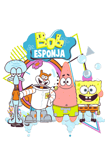 Vector de Bob Esponja, Patrick, Calamar, Arenita y Gary juntos, logo 'BOB ESPONJA', fondo colorido