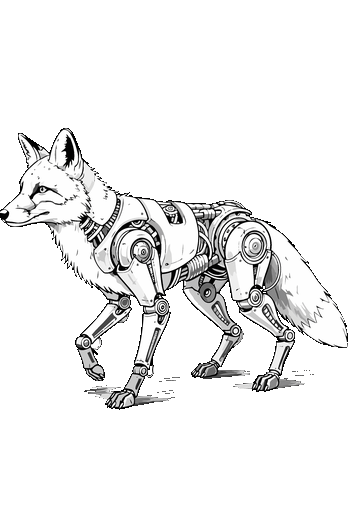 Cyber Beasts: Fauna del Futuro Gráfico vectorial de cuerpo completo de un zorro mitad orgánico y mitad robot con piernas mecánicas.