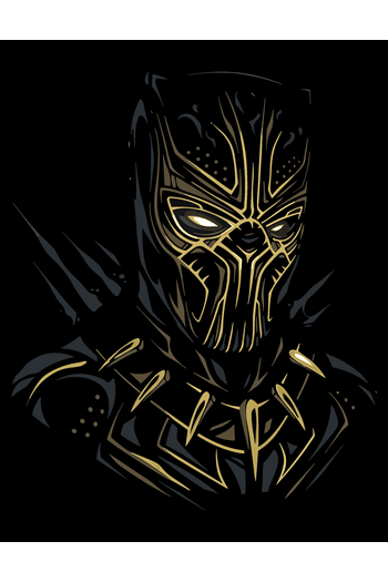 Super héroes Oscuros Ilustración de Black Panther con detalles tribales dorados sobre fondo oscuro para remeras de cómic.