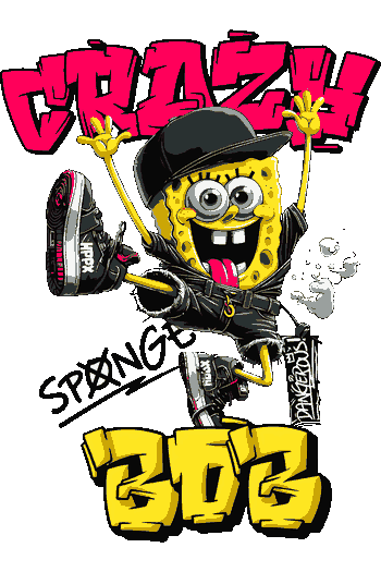 Vector de Bob Esponja estilo gangsta con gorra negra, cadena, zapatillas y micrófono, texto 'CRAZY'