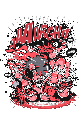 Psycho Toons & Street Chaos Ilustración vectorial de pinos de boliche gritando de forma exagerada mientras una bola los golpea en estilo cómic.