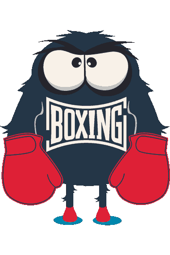 Be Cool!! Vector de monstruo peludo con guantes de boxeo rojos, ojos grandes, texto 'BOXING' en la camiseta