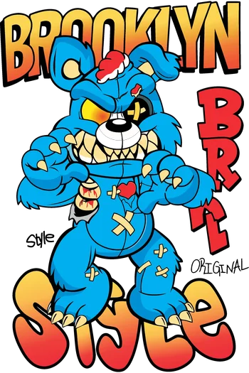 Ilustración vectorial de un oso azul enojado de estilo urbano con letras grandes que dicen 'BROOKLYN'