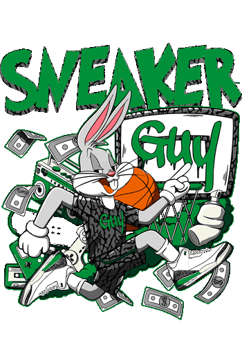 Ilustración vectorial estilo sneakerhead de Bugs Bunny con zapatillas de colección y billetes.