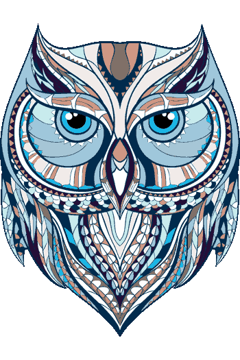 Étnico Diseño vectorial tribal de cara de búho con ojos azules y patrones geométricos en tonos azul y terracota